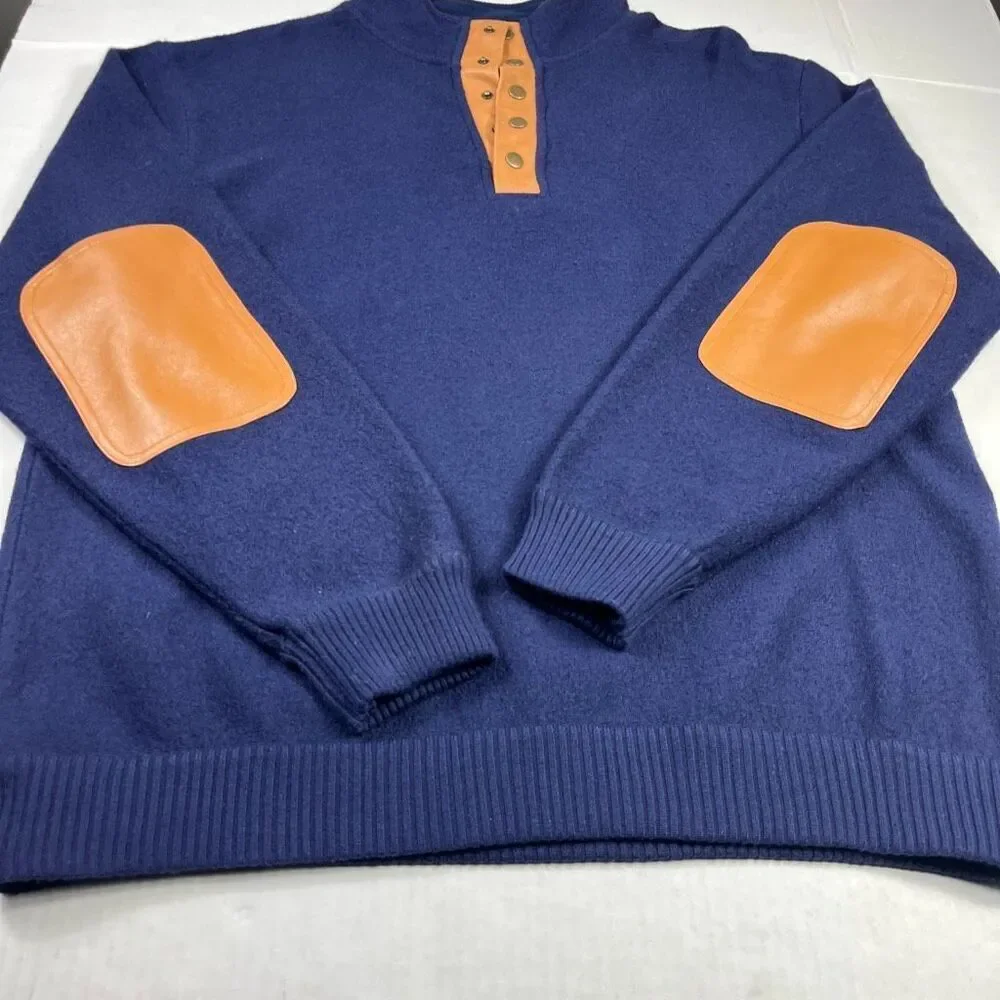 Orvis Mens 1/4 Snap Button Wool Sweater Blue Faux Leather Trim Rugged Pullover L